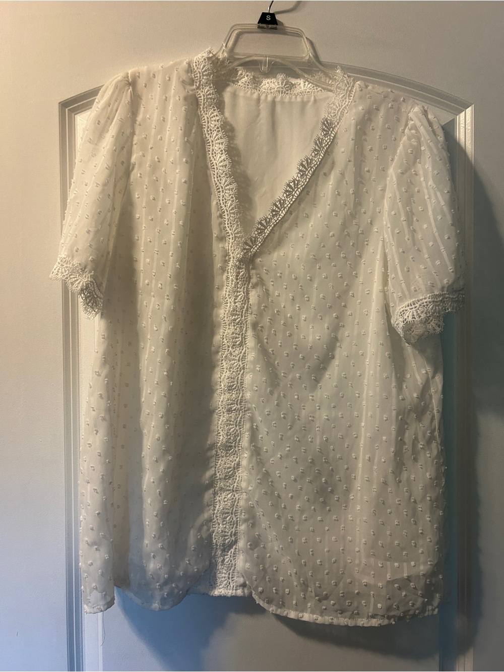 Delicate White Swiss Dot Lace Trim Blouse